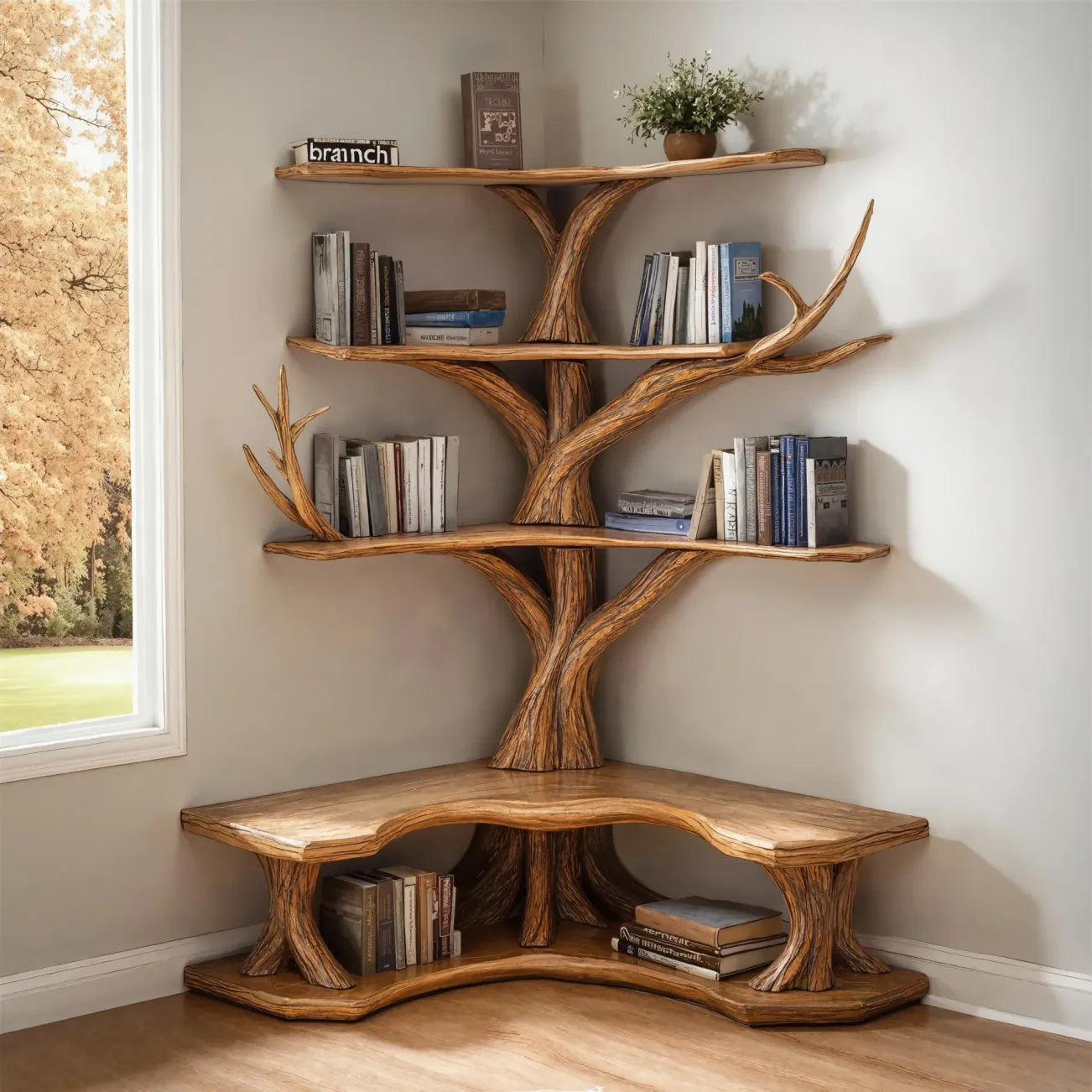 Tree Bookshelf With Corner Bench Lshaped Bench Driftwood Branch 1