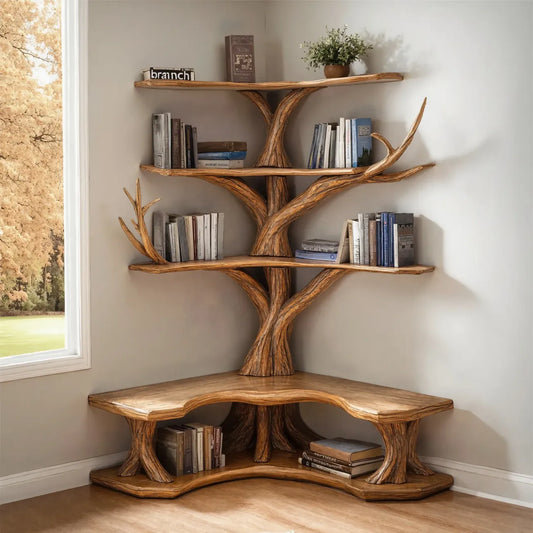 Tree Bookshelf With Corner Bench Lshaped Bench Driftwood Branch 1