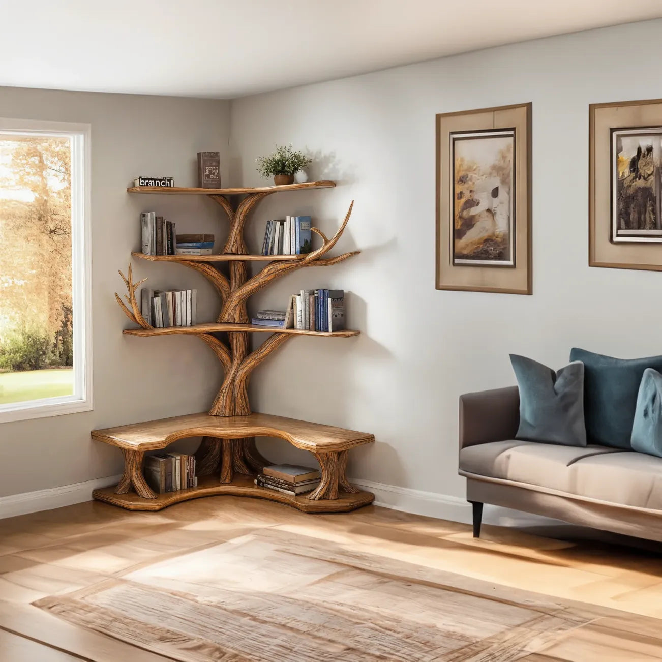 Tree Bookshelf With Corner Bench Lshaped Bench Driftwood Branch 1