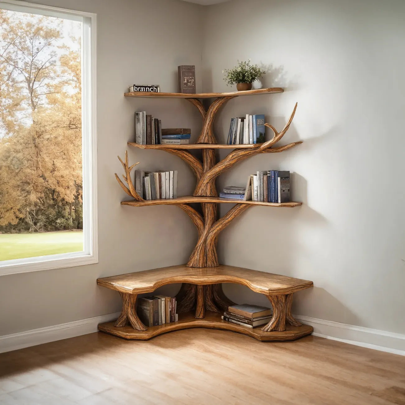 Tree Bookshelf With Corner Bench Lshaped Bench Driftwood Branch 1