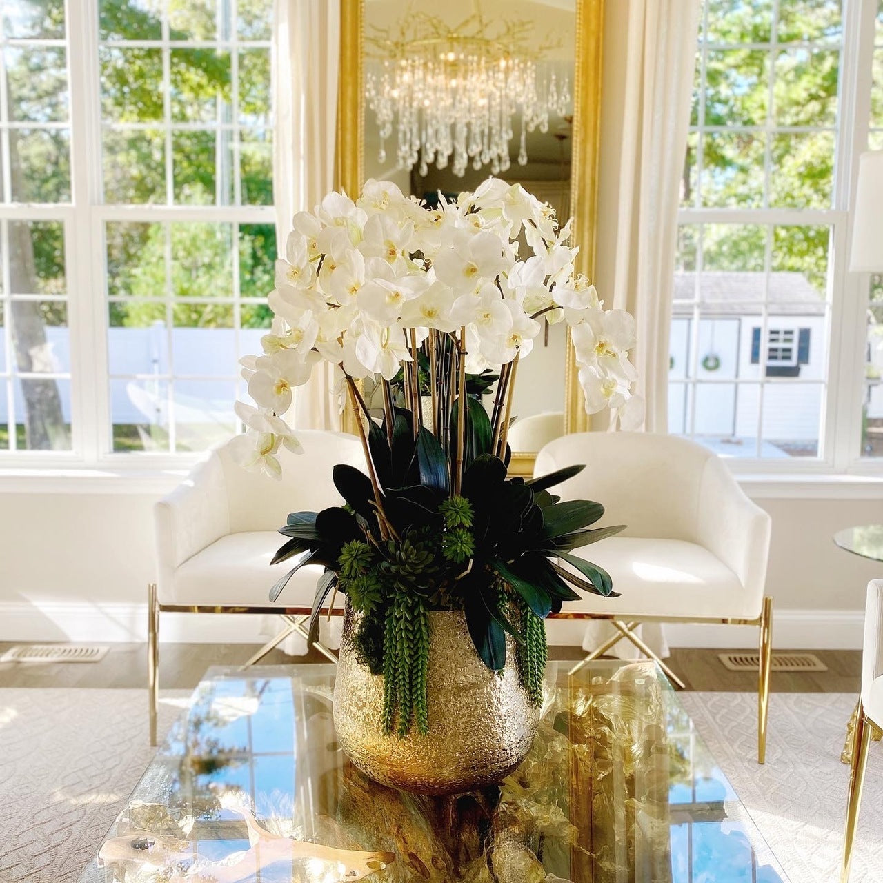 Delaney Gold Pot with Multiple Stems of Phalaenopsis Orchids and Succulents 1